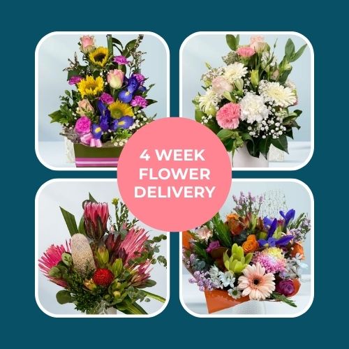 Four different flower bouquets with a '4 Week Flower Delivery' text on a teal background.