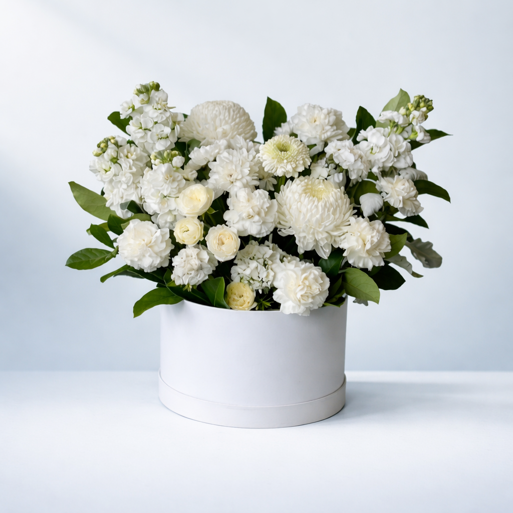 White flower arrangement in a huge white container on a light blue background for delivery in croydon