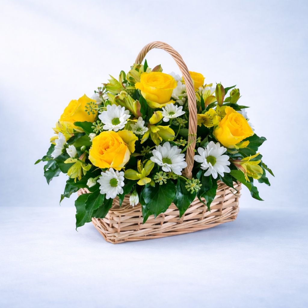 Wicker basket arrangement featuring yellow roses, white daisies and seasonal foliage on a soft blue background.