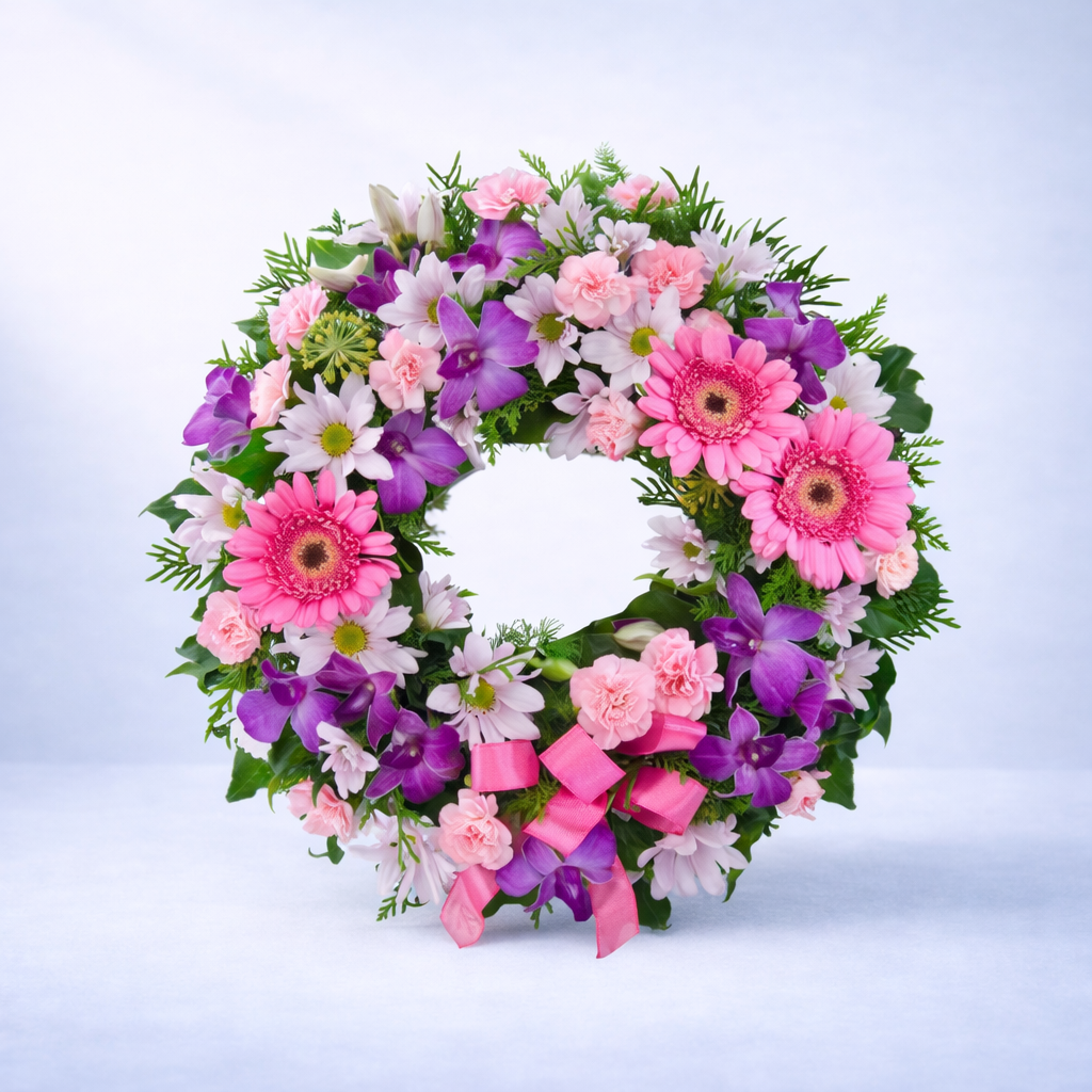 Pink and purple floral wreath featuring gerberas, carnations and seasonal foliage on a neutral background.